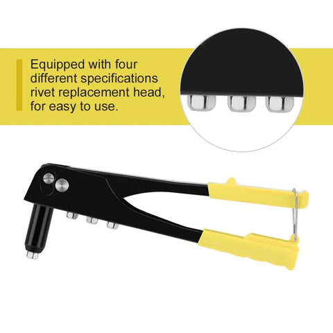 Manual Rivet Tool Kit With Four Replacement Heads Spring Handle And Nozzle For Metal Fiber Leather And Plastic Blind Rivet Hand Tool For Gutter Repair And Heavy Duty Fastening, black handle with yellow grips