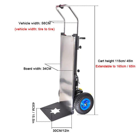 Heavy Duty 1200w Electric Stair Climber Dolly With Brushless Motor And Massive 36 Ah Battery side view with measurements