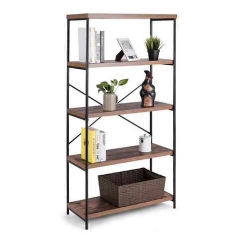 Low Key Very Sturdy Open Bookcase Flex Your Apartment Vibe Easy Peasy To Build Room Storage Organizer Display Rack X Back Wall Shelf For Living And Bedroom Spaces 31 By 14 By 63 Inches with books and plants