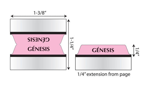 No Fuss Rainbow Spanish Catholic Bible Indexing Tabs showing dimensions, marked for Génesis, self-adhesive, 1-3/8 inch size.