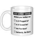 Funny Tech Support Checklist Coffee Mug for Help Desk Heroes, Perfect Gift for IT Professionals, white ceramic, 11oz cup with humor.