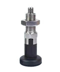 Heavy Hitter Two Piece Metal Dowel Pins With Self Locking Spring Plunger Indexing Knob Fine Thread Retractable Positioning Tool close-up view with metal and rubber components.