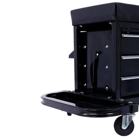 Side view of Three Drawer Chest Rolling Mechanic Seat With Tool Trays For Garage And Warehouse Heavy Duty Toolbox Seat Black 350 Pounds Max Weight Capacity With Comfort Vinyl Padding And Ample Storage.