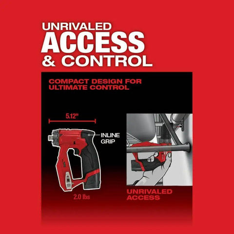 Slick Brushless Drill Driver With Four Versatile Heads Compatible With Milwaukee M12 Tools, compact design with inline grip, 5.12 inches.