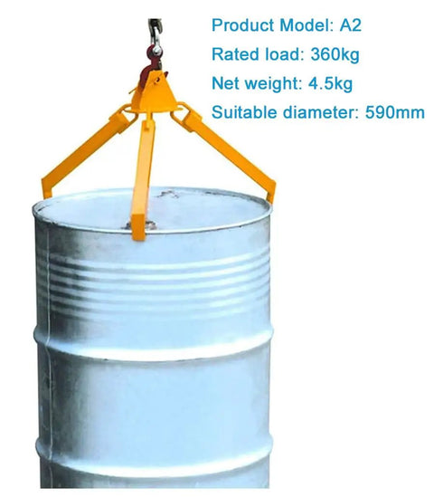 Heavy Duty Vertical Drum Lifting Clamp Made From Tough Steel For Safe Handling Of 1200 Lbs Plastic And Metal Drums With Industrial Grade Strength and Reliable Grip For Serious Warehouse Work holding a round drum.