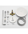 Shower System, 10" Rain Head, Handheld, Brushed Nickel, Wall-Mounted components laid out for installation.