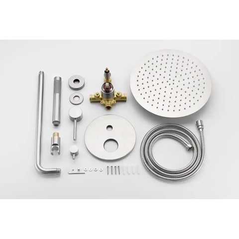 Shower System, 10" Rain Head, Handheld, Brushed Nickel, Wall-Mounted components laid out for installation.