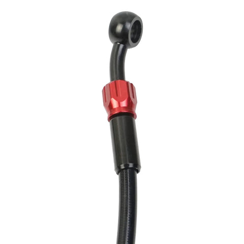Close-up of Beefed-Up Braided Motorcycle Brake Hose With Removable Banjo Fittings, AN3 Hydraulic Clutch Line, stainless steel, DOT fluid compatible