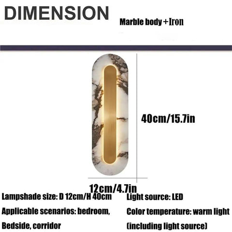 Modern Minimalist Long Marble Wall Sconce Nordic Alabaster Wall Mount Light Fixture with dimensions and material details.