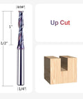 Built Tough Spiral Upcut Router Bit 3/16 Inch Cutting Diameter With 1/4 Shank and heavy duty coating with measurements.