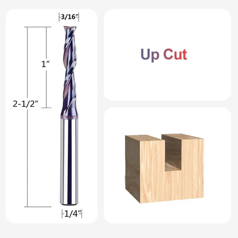 Built Tough Spiral Upcut Router Bit 3/16 Inch Cutting Diameter With 1/4 Shank and heavy duty coating with measurements.