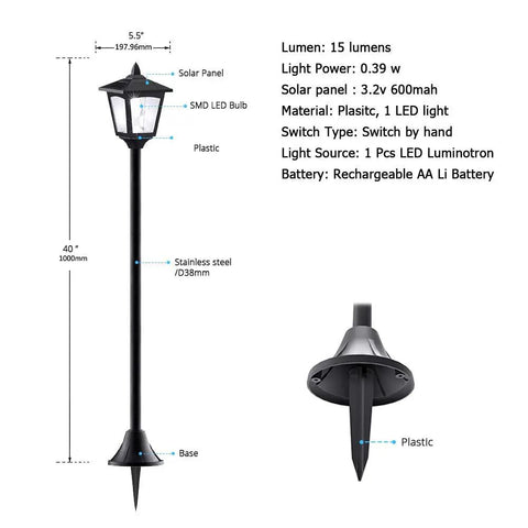Diagram of 40 Inch Solar Lamp Post Lights Outdoor Vintage Street Vibe For Lawn Pathway Driveway Front And Back Door Pack Of 2 Weatherproof Rust Resistant Solar Powered Garden Lights With Auto On At Dusk For Walkways And Entrances No Wiring Needed, showing dimensions, materials and battery details.