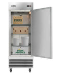 Pro Grade 23 Cubic Foot Commercial Reach In Refrigerator With Heavy Duty Stainless Steel Exterior and No Sweat Adjustable Shelves displayed with items inside.