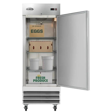 Pro Grade 23 Cubic Foot Commercial Reach In Refrigerator With Heavy Duty Stainless Steel Exterior and No Sweat Adjustable Shelves displayed with items inside.