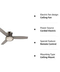 Sail Stream 52 Inch Brushed Nickel Flush Mount Indoor Ceiling Fan With Light Kit And Remote Three Blade Low Noise Design