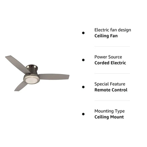Sail Stream 52 Inch Brushed Nickel Flush Mount Indoor Ceiling Fan With Light Kit And Remote Three Blade Low Noise Design