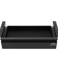 Total Game Changer Hella Smooth Slide Out Under Desk Drawer For Sit Stand Workstation Attachable Steel Storage Bin For Hidden Office Supplies Organizer Black, featuring a compact black steel design with a perforated bottom.