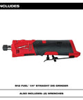 Pro Grade M12 Fuel One Quarter Inch Cordless Straight Die Grinder Bare Tool with wrenches for precision metalwork.