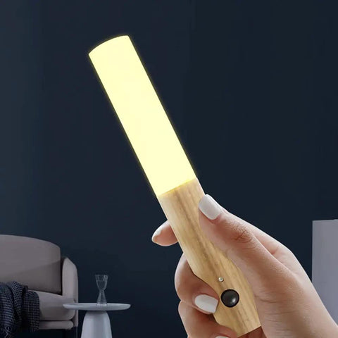 Person holding wooden LED night light with motion sensor, dual sensing photosensitive and infrared, white ash wood handle.