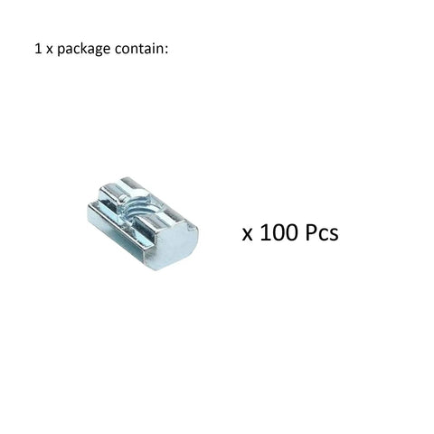 100 Piece M6 T Slot Slide Nuts For Aluminum Extrusion Framing Pro Grade Galvanized Steel Fasteners shown in close-up.