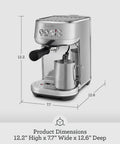 Compact Kitchen Workhorse Certified Refurbished Espresso Maker Featuring Automatic Steam Wand And Dose Control Grinding For Pro Home Barista Shots In Sleek Brushed Steel Cabinet with dimensions displayed.