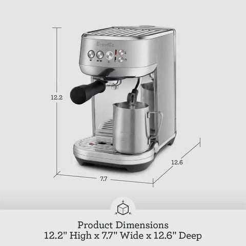Compact Kitchen Workhorse Certified Refurbished Espresso Maker Featuring Automatic Steam Wand And Dose Control Grinding For Pro Home Barista Shots In Sleek Brushed Steel Cabinet with dimensions displayed.