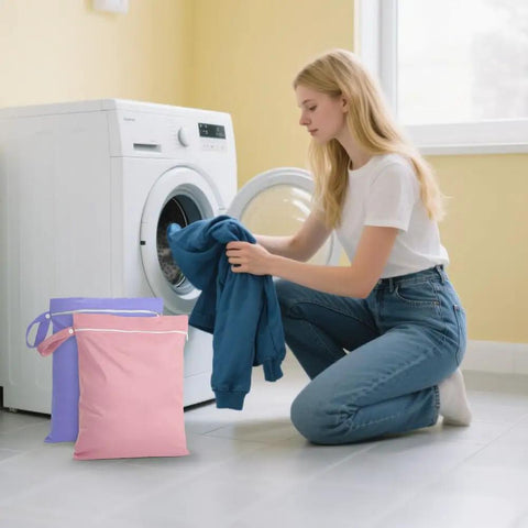 Woman using Two Pack Reusable Wet Bags With Handles And Zippers Ultra Lightweight Waterproof Cloth Diaper And Laundry Bags in pink and purple