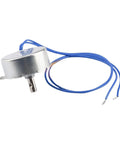 Heavy Duty Synchronous Motor Providing Low Rpm Torque And Reversible Spin For Hassle Free Microwave Turntable Fixes Or Smooth Fan Drives Hella Tough Housing Easy Hookup Wiring And Knockout Reliability Daily with blue wires and metal casing.