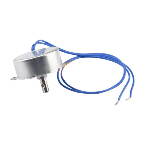 Heavy Duty Synchronous Motor Providing Low Rpm Torque And Reversible Spin For Hassle Free Microwave Turntable Fixes Or Smooth Fan Drives Hella Tough Housing Easy Hookup Wiring And Knockout Reliability Daily with blue wires and metal casing.