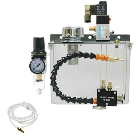 Straight Up Pro Grade 24V Coolant Pump And Oil Mist Sprayer For Machine Tools With Slick Lubrication Spray Design featuring gauge and flexible tube.