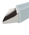 Close-up of stainless steel tip of V Shape Fruit Core Remover And Strawberry Huller Kitchen Gadget with blue ergonomic handle.