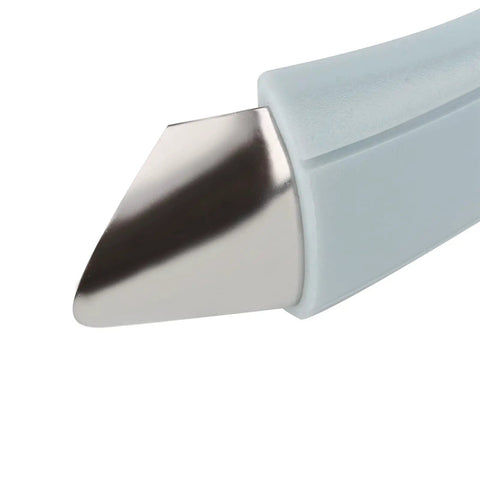 Close-up of stainless steel tip of V Shape Fruit Core Remover And Strawberry Huller Kitchen Gadget with blue ergonomic handle.