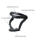 Side view of anti fog clear face shield for adults glasses friendly plastic shield with full face protection and black frame.