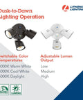Diagram of 3 Light LED Outdoor Flood Lights With Dusk To Dawn Sensor Adjustable Brightness Selectable Color Temperature Round Heads