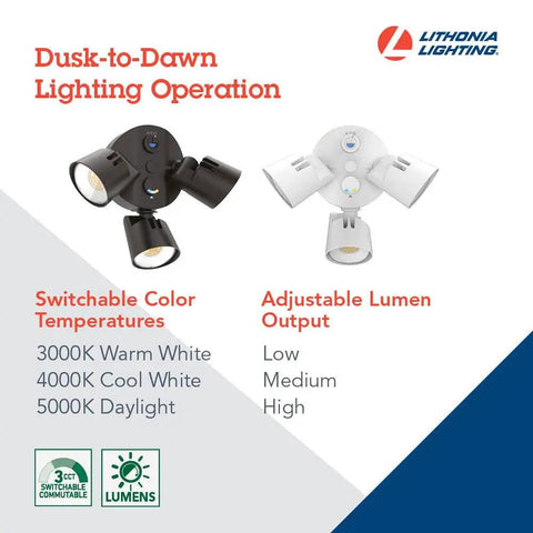 Diagram of 3 Light LED Outdoor Flood Lights With Dusk To Dawn Sensor Adjustable Brightness Selectable Color Temperature Round Heads