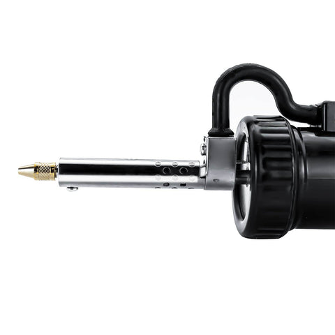 Side view of Automatic Desoldering Pump Vacuum Solder Sucker Tool with black handle and nozzle, part of the 30W electric desoldering gun.