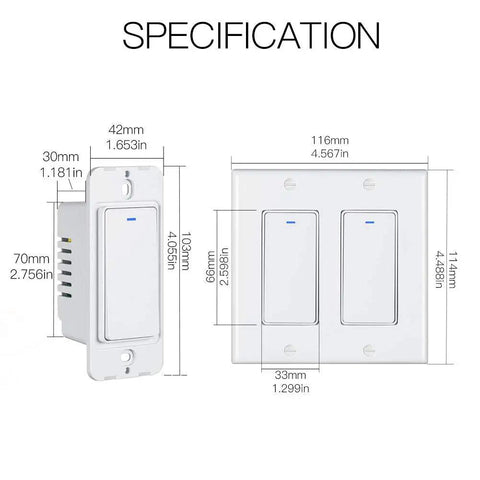 Specifications of WiFi Wall Push Button Smart Light Switch 2 Gang With Neutral Wire Required 2.4GHz Only Remote Control Via Smart Life Tuya Works With Alexa And Google Home Easy Setup And Dope Multi Control For One Light.