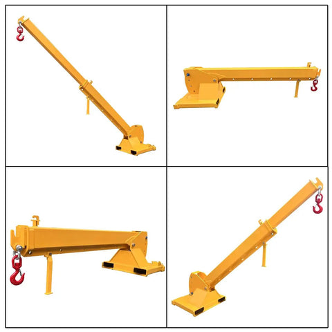 Heavy-Duty Forklift Jib Boom Crane, Extendable 84 to 144 Inches Telescopic Boom at different angles, sturdy steel construction.