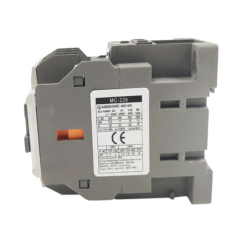 Side view of Heavy Duty 120V AC Contactor, 3 Pole, 22A, 1NO1NC Auxiliary, DIN Rail Mount, UL CE Listed, industrial relay device