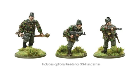 30 Piece Mid To Late War Waffen-SS Grenadiers Plastic Miniatures For Bolt Action WW2 Tabletop War Gamers displayed on grassy bases.