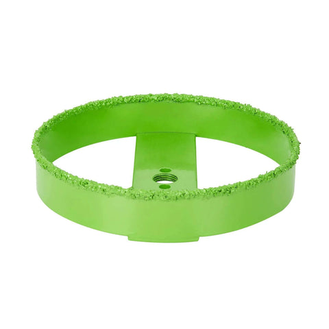 Front view of a green 6-inch carbide hole saw with arbor for recessed drywall/plaster ceiling lights