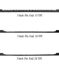 Badass Precision 3 Inch Pin End Scroll Saw Blades 45 Pack With 15 18 And 24 Tooth Per Inch Teeth For Quick Wood Cutting Compatible With Vintage Dremel Moto Craftsman Delta Hobby Saws. Three pinned scroll saw blades featuring 15, 18, and 24 TPI for precise cutting.