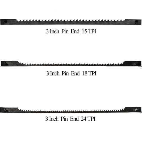 Badass Precision 3 Inch Pin End Scroll Saw Blades 45 Pack With 15 18 And 24 Tooth Per Inch Teeth For Quick Wood Cutting Compatible With Vintage Dremel Moto Craftsman Delta Hobby Saws. Three pinned scroll saw blades featuring 15, 18, and 24 TPI for precise cutting.
