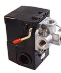 Heavy Duty Air Compressor Pressure Switch 95-125 PSI With Unloader, 4 Port 1 Quarter Inch Female, On Off Lever, durable alloy plastic