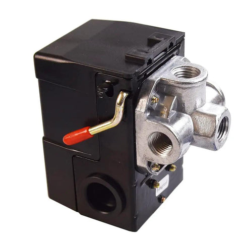 Heavy Duty Air Compressor Pressure Switch 95-125 PSI With Unloader, 4 Port 1 Quarter Inch Female, On Off Lever, durable alloy plastic