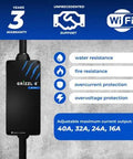 Slick And Hella Tough Portable Electric Vehicle Charger Up To 40 Amp Level 1-2 Fast Charging Station Nema 14-50 Plug 25 Foot Cable displaying safety features and adjustable current.