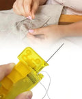 Automatic Needle Threader Must Have For Quick Threading Easy Hand Sewing Tool. Bright lemon yellow design in use during sewing.