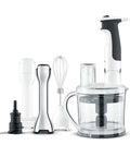 Top Notch Brushed Stainless Steel Immersion Blender Set Multi Purpose Food Processing Station For No Sweat Chopping Grating And Blending With Ergonomic Trigger Handle For Fast And Easy Everyday Cooking, includes blender and attachments.
