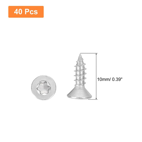 Lock It Down With These Hella Secure Flat Head Torx Screws M3 X 10mm 304 Stainless Steel Countersunk Self Tapping Anti Theft Hardware For Wood Decking And Fencing T10 Bit Compatible Silver Pack Of 40 showing a silver flat head screw with countersunk design.