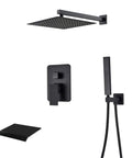 UMJIGF Concealed Shower System Wall Mounted Shower Faucet Set Multifunction Matte Black with square shower head, handheld, tub spout.